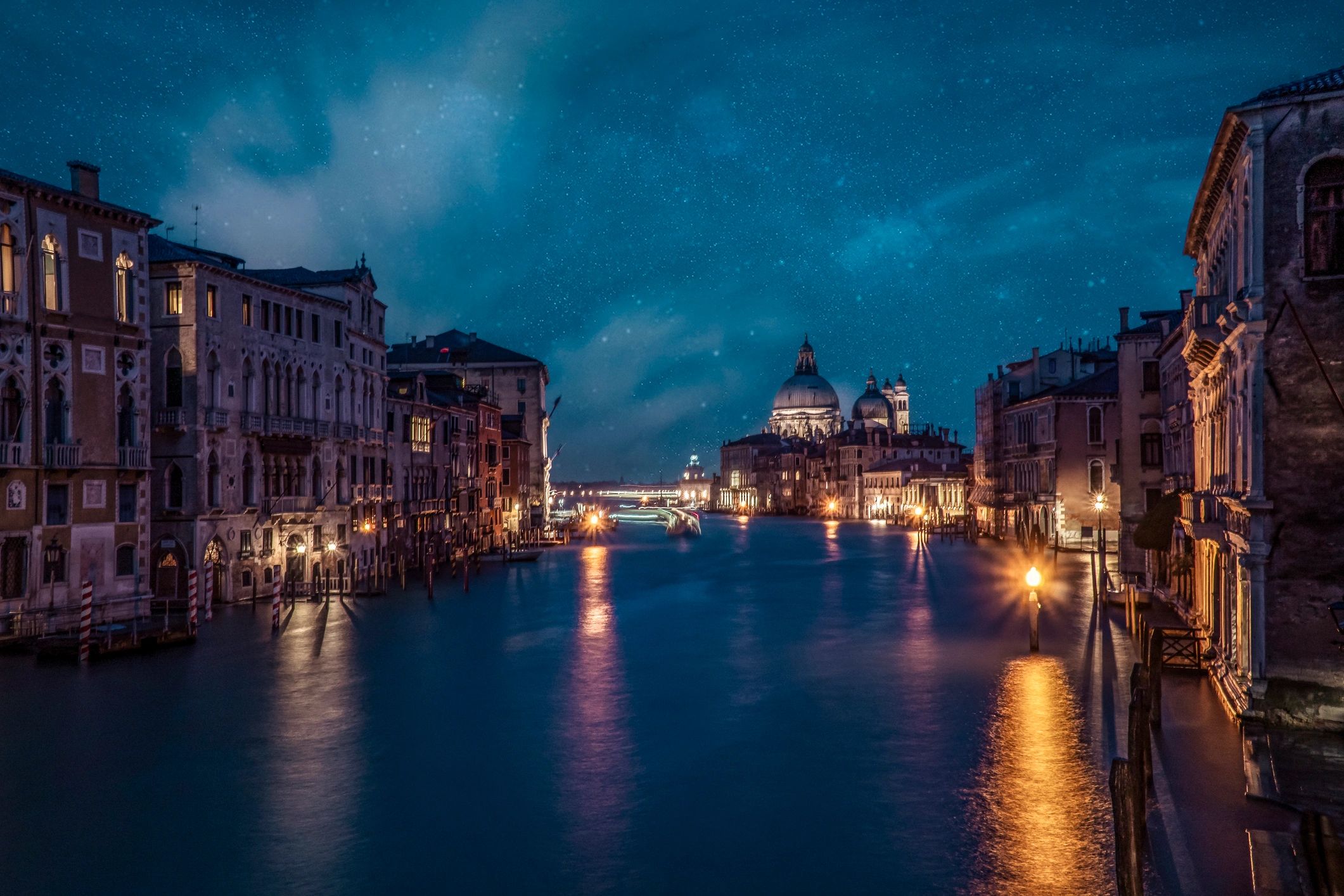 Night view of Venice’s Grand Canal and basilica