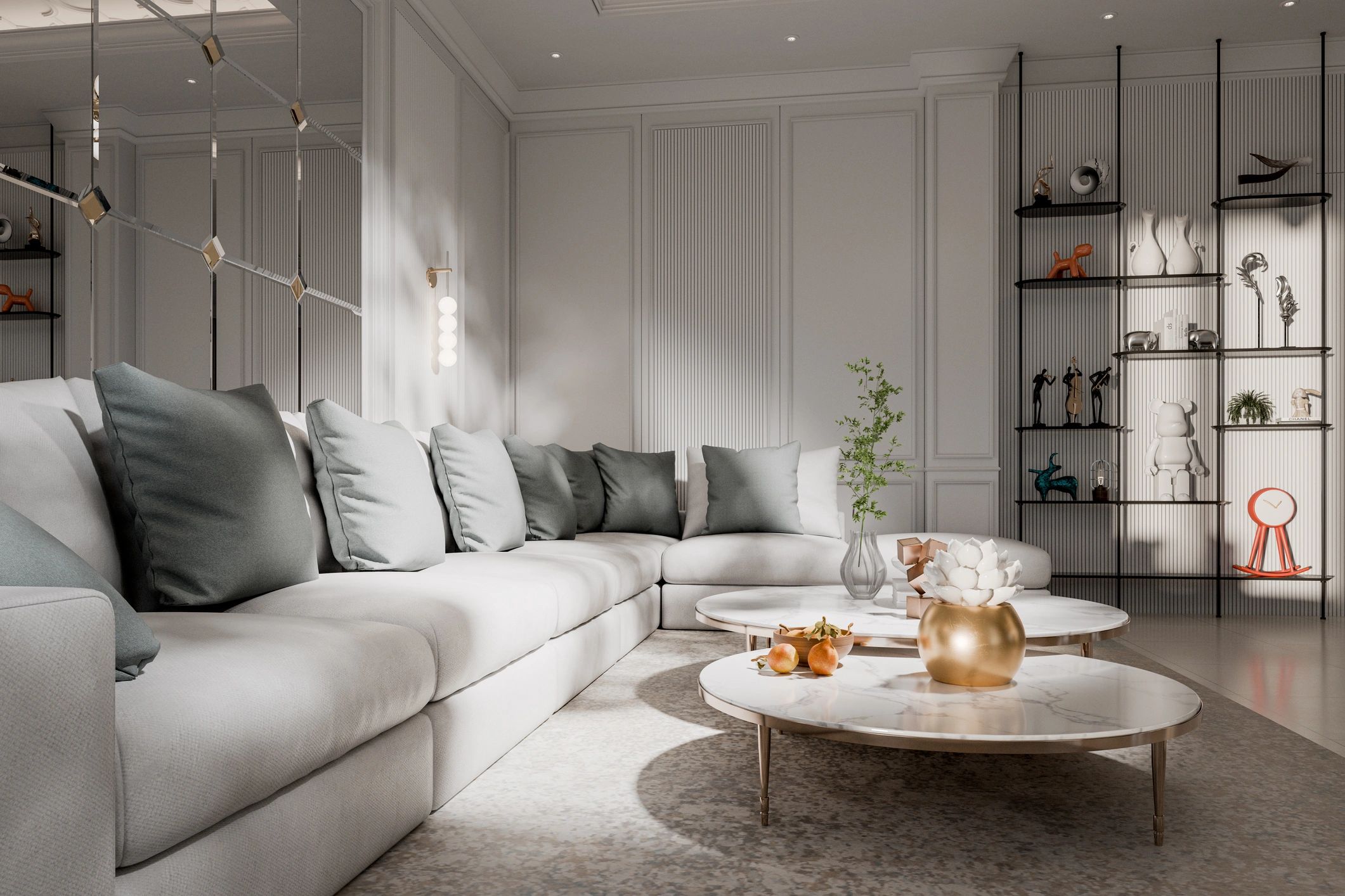 Elegant living room interior featuring a statement mirror