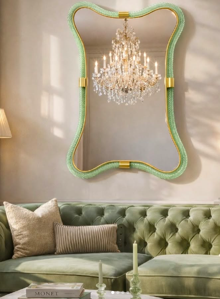 Mint-green Venetian-style wall mirror with wavy frame and gold accents reflecting a crystal chandelier above a tufted green sofa in a luxury living room.