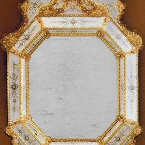 Gold Rococo Octagonal Venetian Mirror with Crest