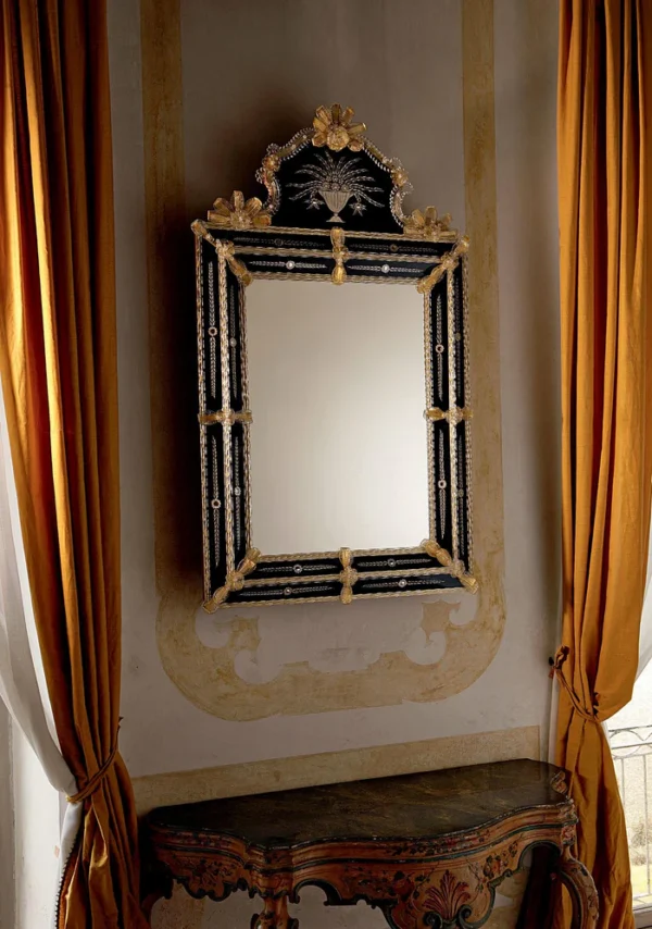 Baroque Black & Gold Venetian Mirror with Crest