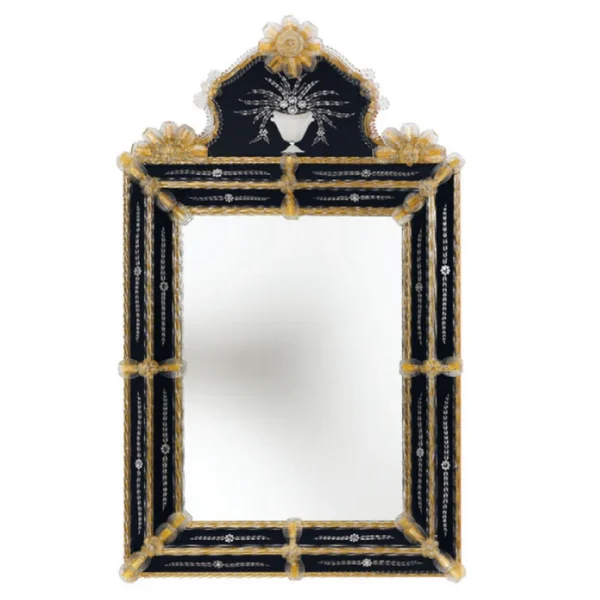 Baroque Black & Gold Venetian Mirror with Crest