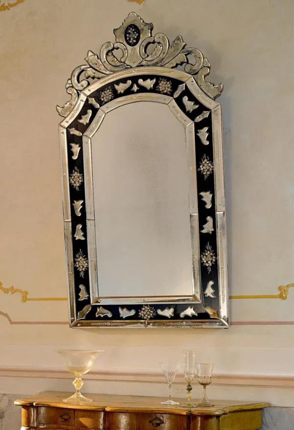 Black Inlay Arched Venetian Mirror with Crest