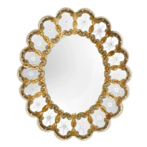 Gold scalloped Murano glass mirror with engraved Venetian detailing, styled for a luxury interior article featured image.